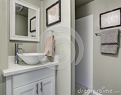 Nice bathroom with grey green walls and simple decor. Stock Photo