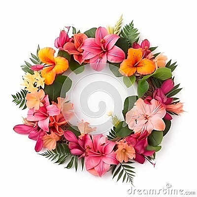 Nice beautiful delicate wreath of colorful tropical flowers isolated on white Stock Photo