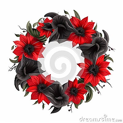 Nice beautiful red black wreath of colorful tropical flowers isolated on white Stock Photo