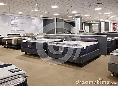 Nice beds and mattresses for sale at store Macy`s Editorial Stock Photo