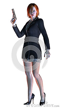 Nice blond girl, elegant lady, armed with gun, 3d illustration Stock Photo