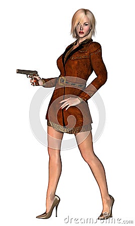 Nice blond girl, elegant lady, armed with gun, 3d illustration Stock Photo