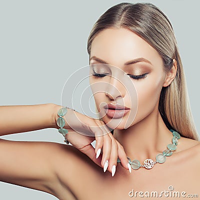 Nice Blonde Hair Woman Wearing Jewelry Necklace Stock Photo