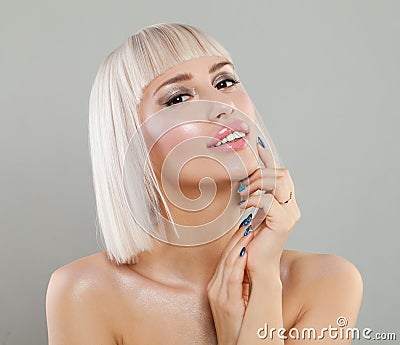 Nice Blonde Lady with Healthy Skin, Bob Hairstyle Stock Photo