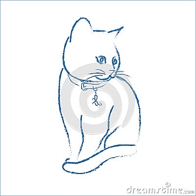 Nice cat in a collar with a dragonfly. Vector Sketch. Vector Illustration
