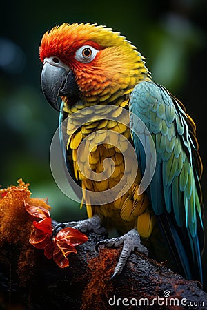 Nice colorful parrot on a branch in the jungle Stock Photo