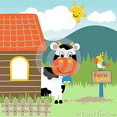 Morning in the farmyard with animals cartoon Vector Illustration