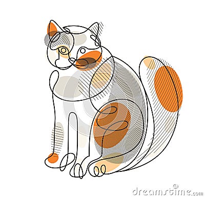 Nice cute cat linear vector illustration, line art drawing of pussycat relaxing, artistic outline minimal sketch of fat and lazy Vector Illustration