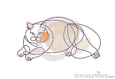 Nice cute cat linear vector illustration, line art drawing of pussycat relaxing, artistic outline minimal sketch of fat and lazy Vector Illustration
