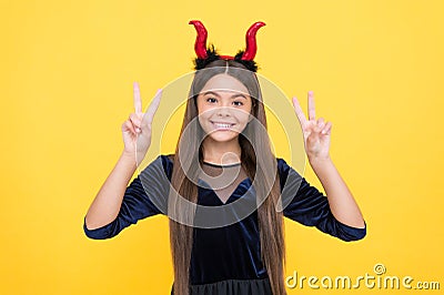 Nice day. trick or treat. celebrate the holidays. cunning little demon. halloween devil girl. happy childhood. funny Stock Photo