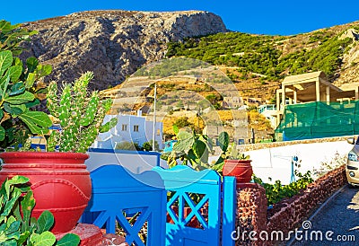 Nice decoration at street in Kamari village Santorini island Greece Stock Photo