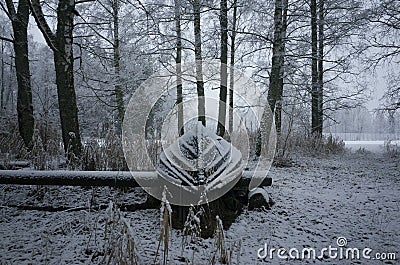 Nice details photo of frosty snowy boat on land in Sweden Scandinavia at winter Stock Photo