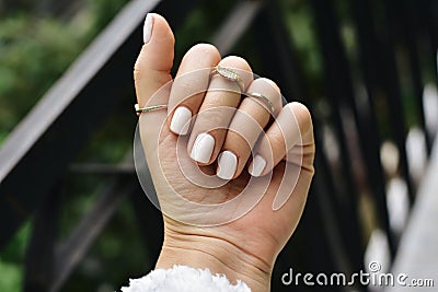 Nice Female Hand with Manicured White Nails for Wedding Day. Jewelry Rings Stock Photo