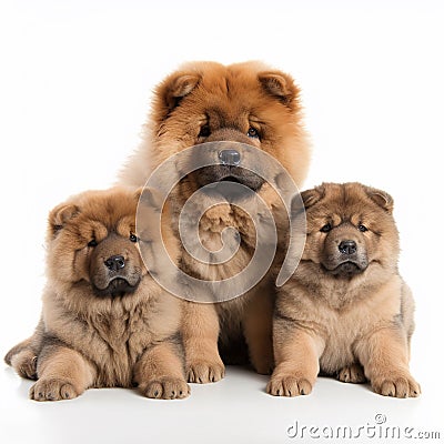 Nice fluffy chow-chow breed dog with puppies isolated on white, Stock Photo