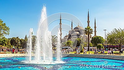 Nice fountain overlooking Blue Mosque or Sultanahmet Camii in Istanbul, Turkey. This place is famous tourist attraction of Editorial Stock Photo