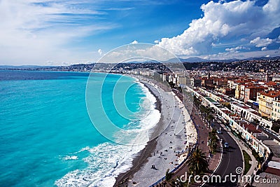 Panorama. Azure sea, waves, English promenade and people resting. Rest and relaxation by the sea. Editorial Stock Photo