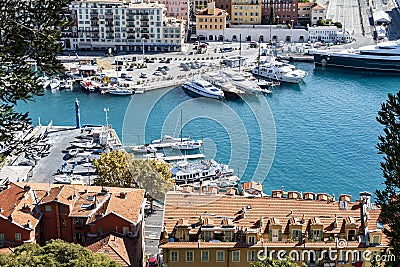 View from the hill `Mont Boron` to a harbor in Nice on the French Riviera Editorial Stock Photo