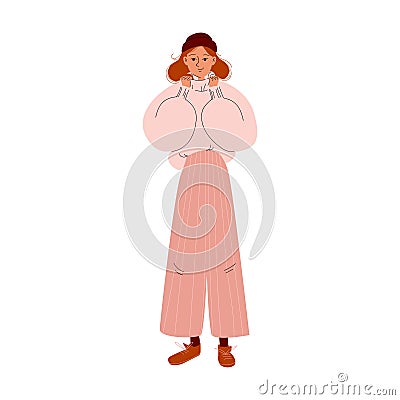Nice girl in a big warm sweater, wide trousers, and brown lace-up shoes. Cartoon young woman in a brown hat and oversized jumper Stock Photo