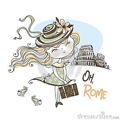 A nice girl in a hat is traveling in Rome. Travel. Vector Stock Photo