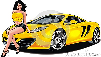 Nice girl and my original designed sport car Vector Illustration