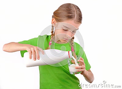 Nice girl pours milk from a bottle into glass Stock Photo