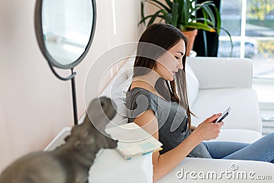 Nice girl sits inside the house and looks into a smartphone. Brunette Stock Photo