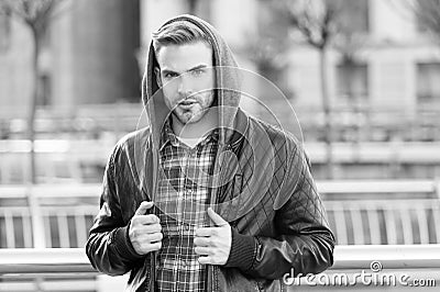 Nice hairstyle. Barbershop client. Barbershop services. Hairdressing salon. Caucasian hipster with bristle. Portrait Stock Photo