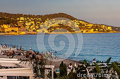Nice harbor panorama with Vieille Ville castle beach, Mont Boron and Saint Jean Cap Ferrat cape on French Riviera in France Editorial Stock Photo