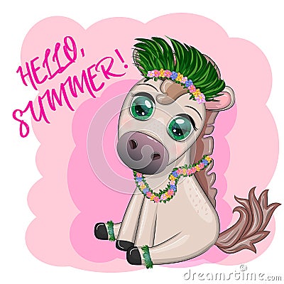 Nice horse, pony in flower wreath, hat, guitar, hula dancer from Hawaii. Summer card for the festival, travel banner Vector Illustration
