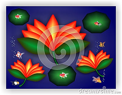 That is the nice illustration of Lotus which blossom in blue river & plenty of cute fish present there Stock Photo