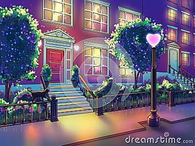 Romantic street. Silhouettes in the windows. Location illustration Cartoon Illustration