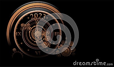 Nice image luxury abstract old mechanical clock parts with new years 2023. Cartoon Illustration