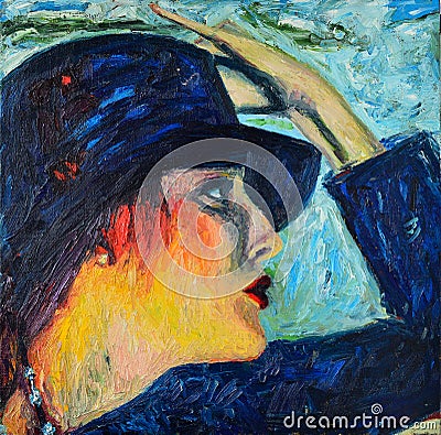 Nice Image of an original oil painting On Canvas. Oil on canvas. Beautiful portrait girl in hat Stock Photo