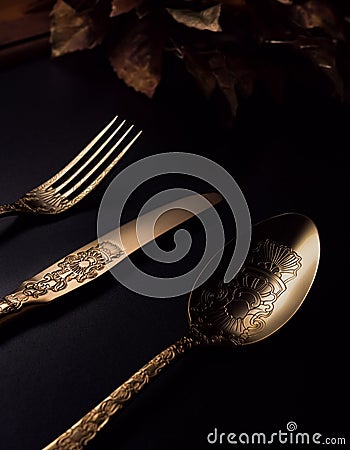 Nice image with spoon, knife, fork and golden accessory on the table Stock Photo