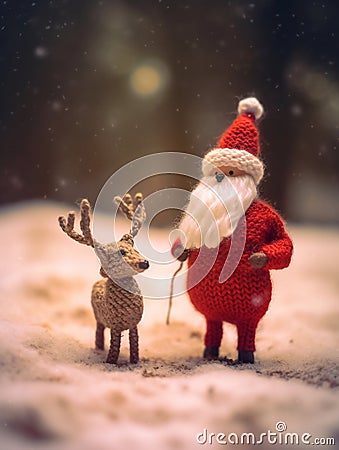 The nice lovely Santa Claus and little deer made of knitting threads. A template for a New Year's card. Stock Photo