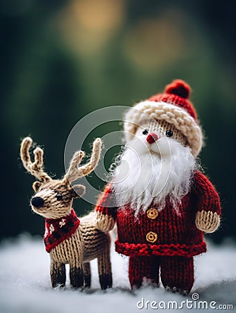 The nice lovely Santa Claus and little deer made of knitting threads. A template for a New Year's card. Stock Photo