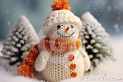 The nice lovely snowman made of knitting threads. A template for a New Year's card. Stock Photo