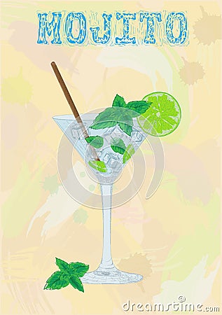 Nice mojito of ice cold glass on a color background. Soda with w Vector Illustration