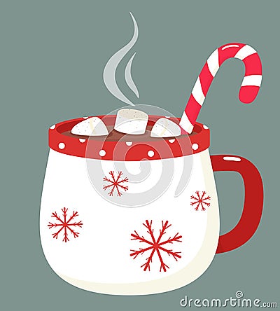 Nice mug with hot chocolate, marshmallows and sweets. Vector illustration in flat style. Vector Illustration