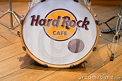 Hard Rock Cafe International logo brand and text sign chain on musical bass drum in nice france Editorial Stock Photo