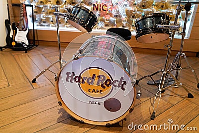 Hard Rock Cafe musical bass drum logo text with sign brand bar coffee in nice France Editorial Stock Photo