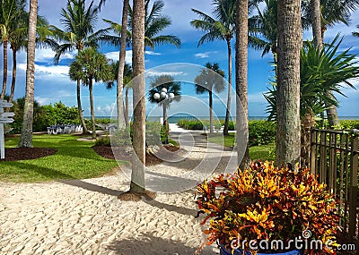 Nice pathway in Holiday inn in Sanibel Island to the sea in Florida Editorial Stock Photo