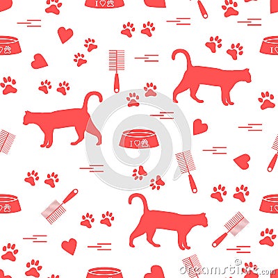 Nice pattern of silhouette walking cat, traces, hearts, bowl and Vector Illustration