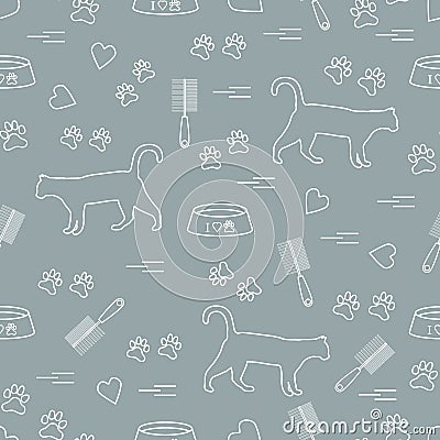 Nice pattern of silhouette walking cat, traces, hearts, bowl and Vector Illustration