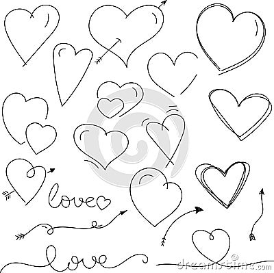 Nice pen hand drawn valentine`s day hearts and arrows Vector Illustration
