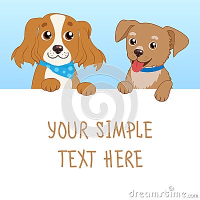 Nice Pet. Cartoon Vector Illustration Of Funny Dogs With White Card Or Board Greeting Card Design. Vector Illustration