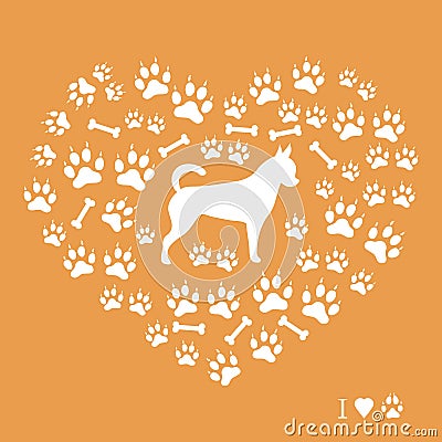 Nice picture of chihuahua silhouette on a background of dog track in the form of heart. Vector Illustration
