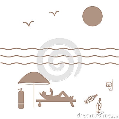 Nice picture on holiday by the sea: sun, waves, seagulls, beach Vector Illustration