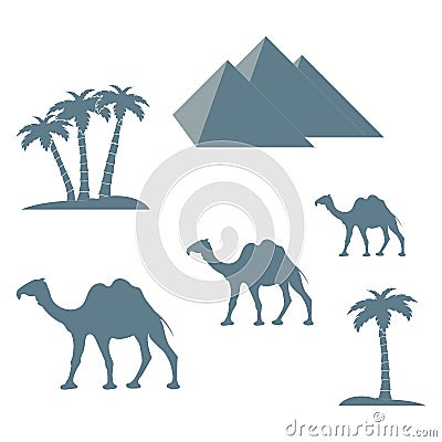 Nice picture showing love to travel: pyramids, palm trees, camel Vector Illustration
