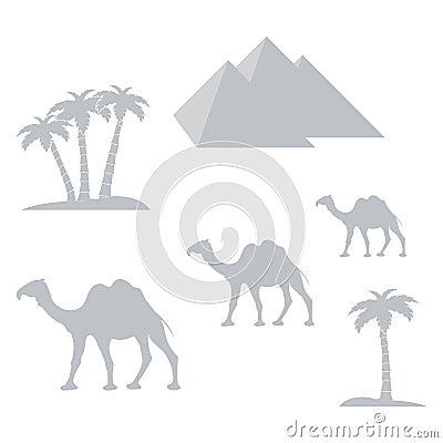 Nice picture showing love to travel: pyramids, palm trees, camel Vector Illustration